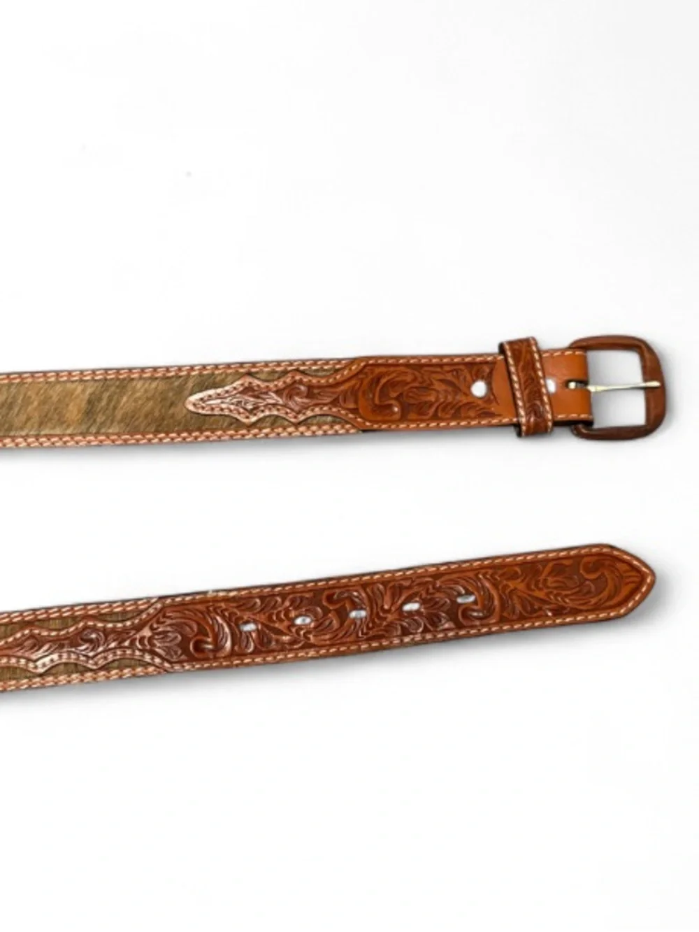 3-D Belt Company Western Hand Tooled Leather and Calf Hair/Fur Trim Belt SIZE 38